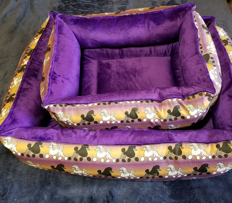 Poodle Bed -Purple & Gold with Black & White Poodles